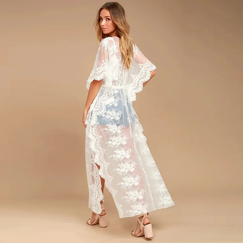 Women's Lace Cardigan Floral Crochet Sheer Beach Cover Ups Long Open Kimono-1
