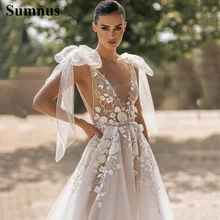 Sumnus Boho Ivory Wedding Dresses Illusion 3D Flower Bow Strap Bridal Dress Lace Appliques Backless Princess Wedding Gown