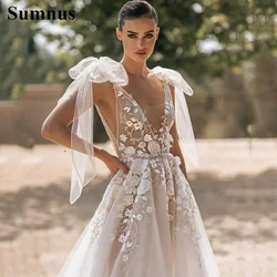 Sumnus Boho Ivory Wedding Dresses Illusion 3D Flower Bow Strap Bridal Dress Lace Appliques Backless Princess Wedding Gown