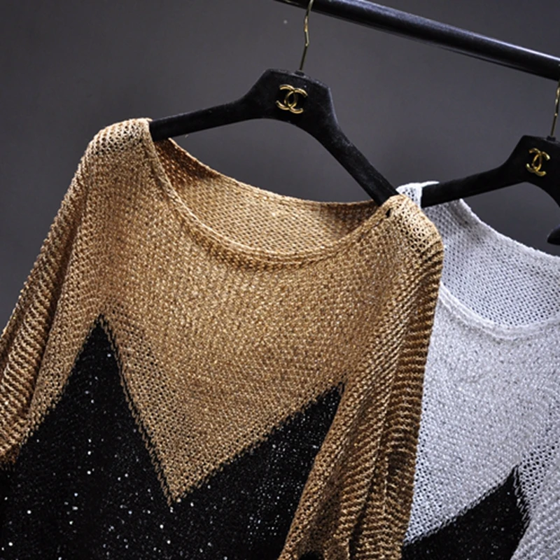 Yan Li Shinny Lurex 스웨터 여성 라운드 넥 롱 점퍼 캐주얼 니트 풀 Femme 풀오버 블링 블링 스팽글 스웨터