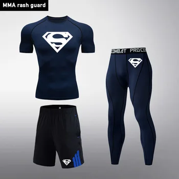 

Short sleeve Men 3 piece set Compression Tights MMA tactics Quick-drying Workout Clothes Sport Suit Solid color jogging suit