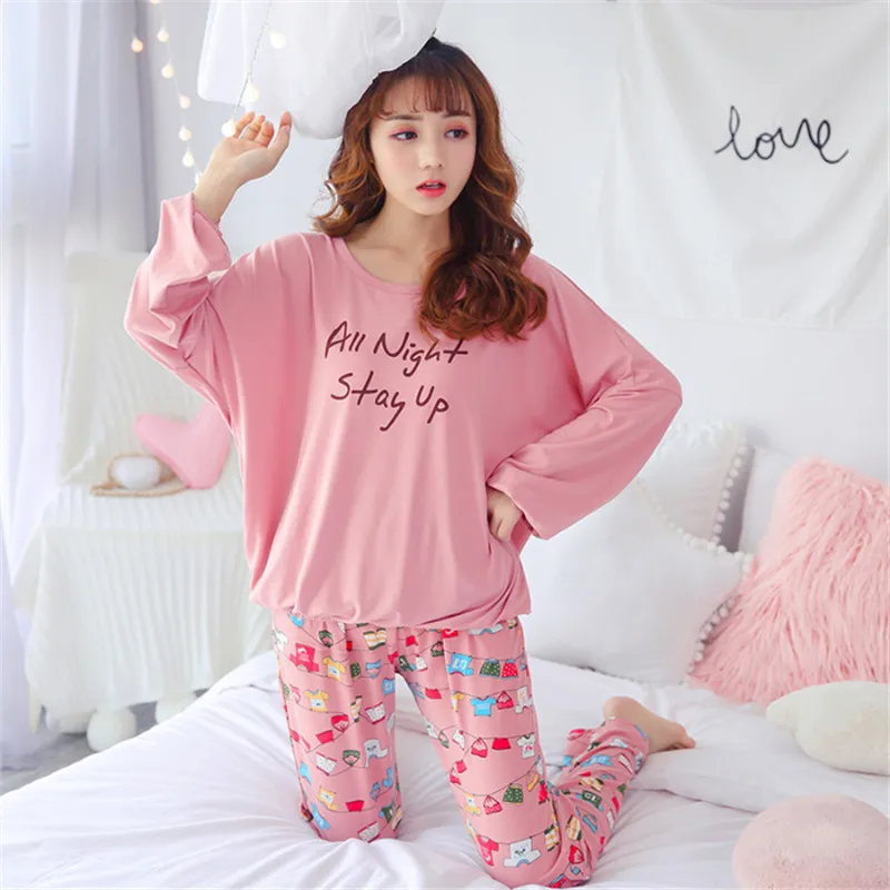 

2019 spring and autumn cotton pajamas set female long-sleeved O-neck pajamas girl cute cartoon home service casual home service