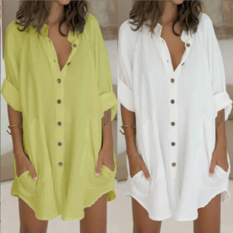 

BKLD Cotton&Linen Casual Mid Length Loose Shirt Women Trend Solid Simple Style Single-breasted Lapel Top Street Pockets Cardigan