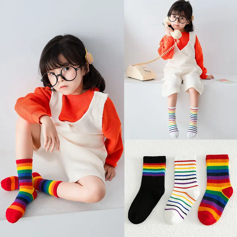 3 Pairs/Pack Autumn Winter New Children's Socks Boys And Girls Rainbow Striped In Tube Tide Socks Baby Kids Cotton Sport Socks 2