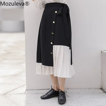 

Mozuleva 2020 Autumn Chiffon Stitching Vintage Black Skirts Patchwork A-Line Button Mid-Calf Pleated Skirt Women Skirts