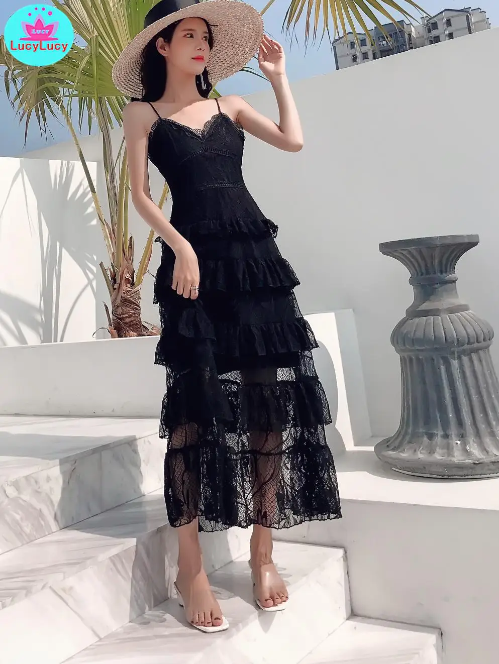 

2019 new Korean lace cake slim seaside holiday dress Ankle-Length Zippers Lace Spaghetti Strap Sleeveless Solid