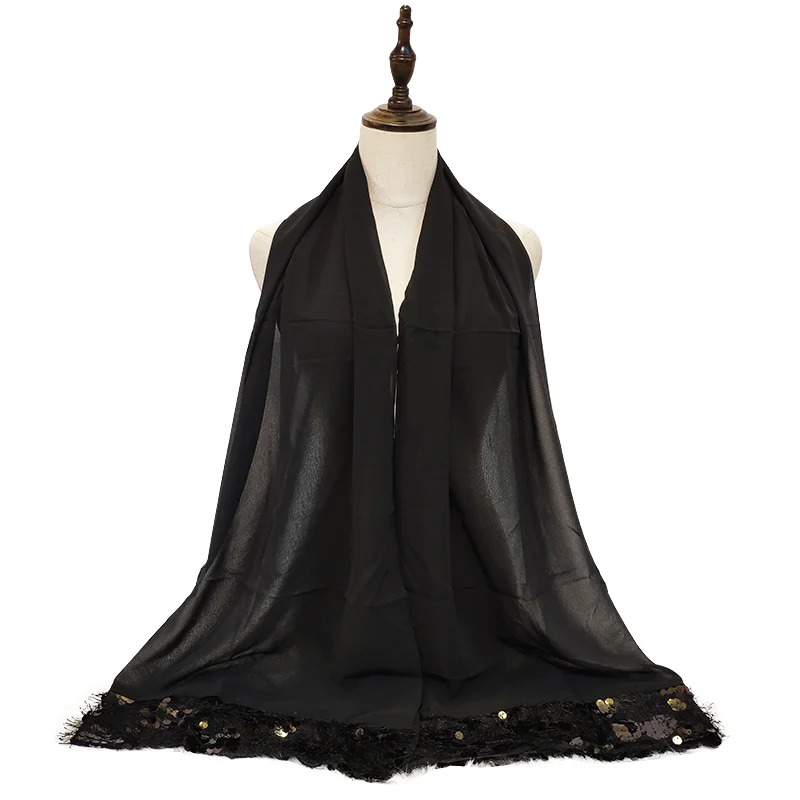 Шифоновое расшитое блестками Абаи тюрбан Hijab шарф Мусульманский Хиджаб джилбаба Абая для женщин Hoofddoek Moslima платок платки Femme Musulman - Цвет: black