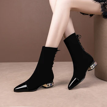 

2021 Ankle Boots poined Toe Autumn Winter lace up Women wedding Shoes Patchwork crystal low quare Heel Short Boots Size34-43