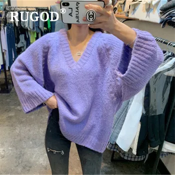 

RUGOD Solid Color V-neck Oversized Elegant Sweater Ladies Knitted Pullover Winter Tops For Women Fashion 2019 Candy Color