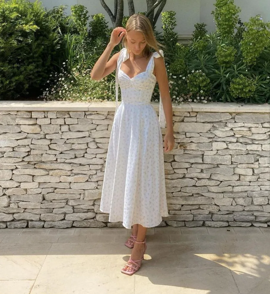 Summer Spring Floral Dress Women's Sexy Casual Fashion Sundress Midi Slip Backless Pleated Slit White Yellow Lace-up Flowers