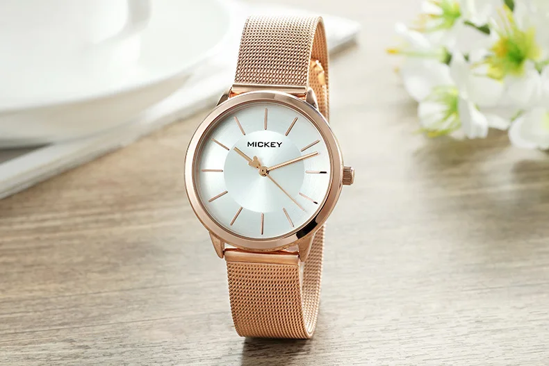 Disney Mickey Mouse Women Quartz Watch 3Bar Waterproof Simple Fashion Cute Round stainless steel Strap Women Watches Gift Alloy