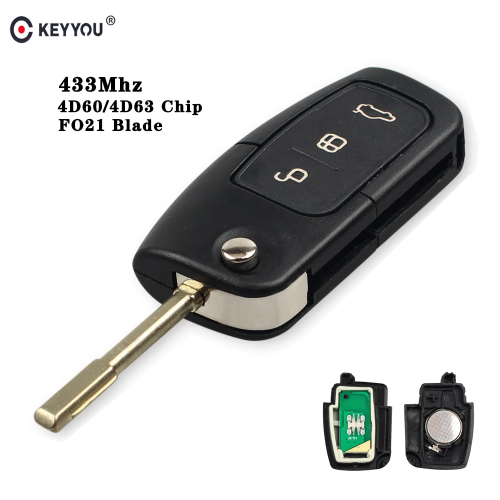 

KEYYOU 3 Button 433MHZ 4D60 Chip Car Remote Key For Ford Fusion Focus Mondeo Fiesta Galaxy Automobile FO21 Blade Auto Flip Key