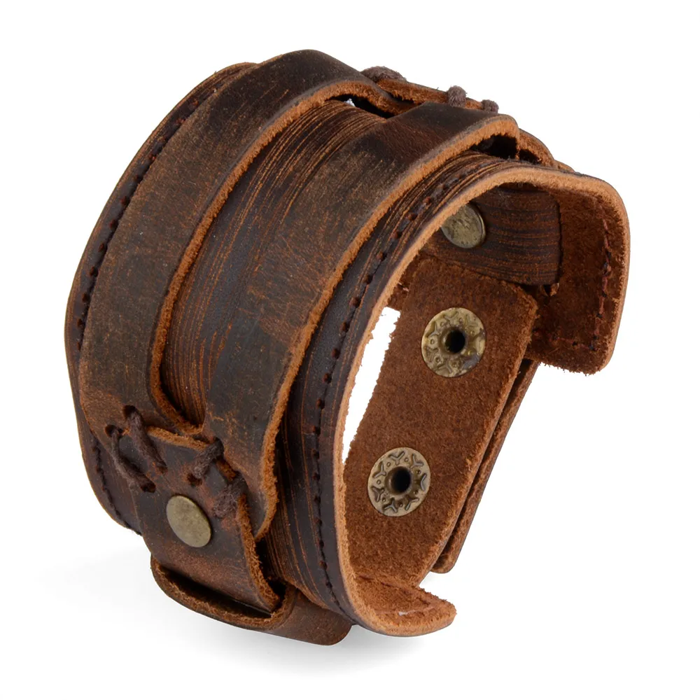Metallic Genuine Leather Mens Wide Leather Bracelet