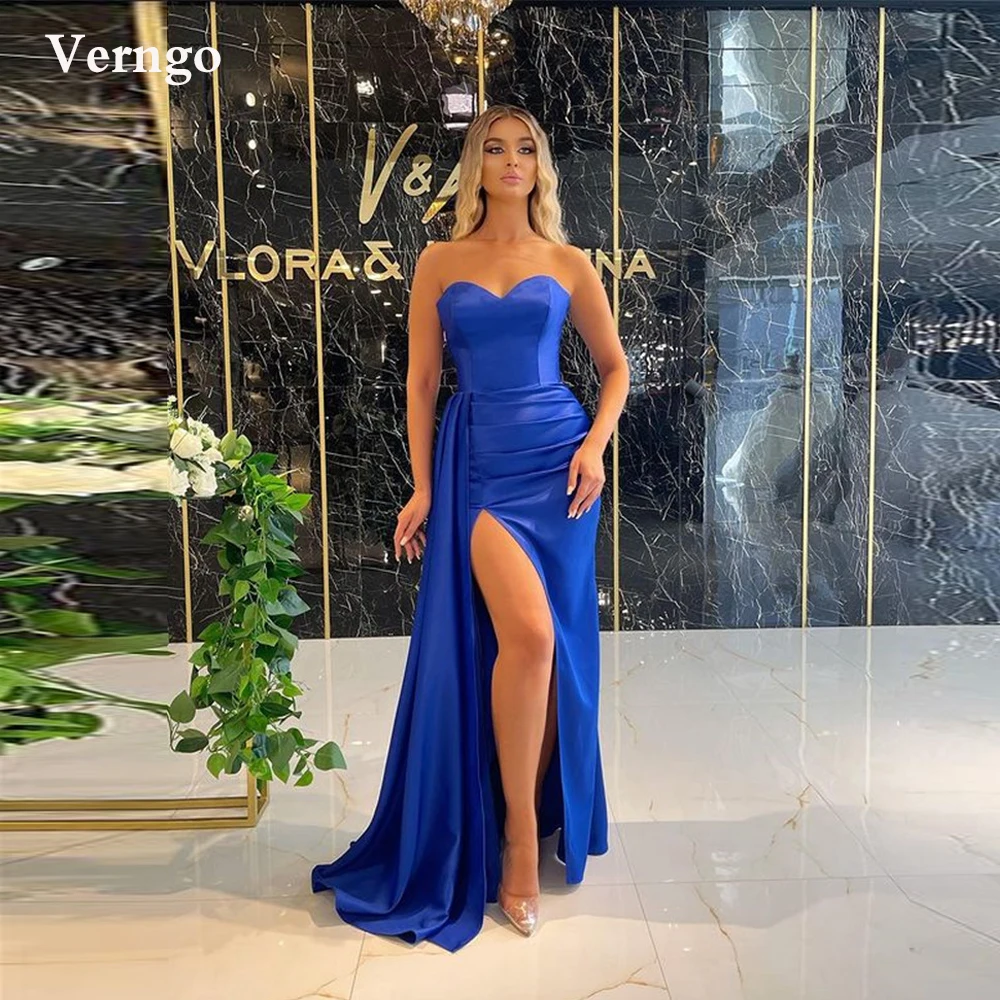 

Длинные атласные платья Verngo синего/темно-зеленого/пыльно-розового цвета для выпускного вечера, Простые Вечерние платья с оборками и Боковым Разрезом для женщин Дубай