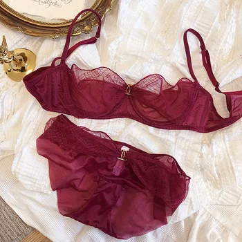 

Wriufred Sexy Embroidery Ultra-thin Lingerie Red Underwire Lace SpongeBob Bra &Briefs Set Push Up Women Large Size Breathable