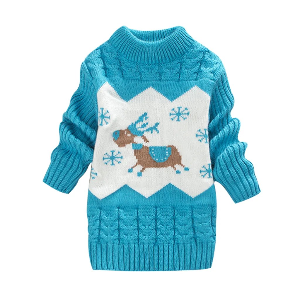 Свитер для малышей; топы для детей; теплый свитер с рождественским оленем для девочек; вязаная футболка с длинными рукавами; теплая однотонная одежда с оборками