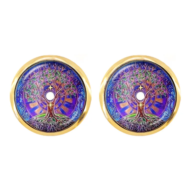 

Tree Of Life Flower Earrings OM Symbol Buddhism Zen 12mm Glass Cabochon Mandala Earring Vintage Golden Color Jewelry For Women
