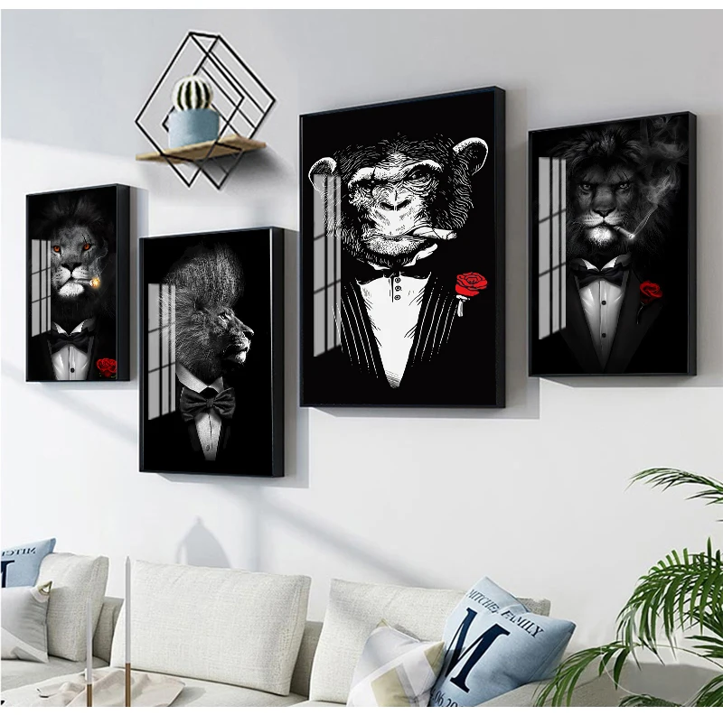 Animals Canvas Paintings On the Wall Art Pictures Funny Animal Black White Lion In Suit Canvas Art Posters And Prints Abstract