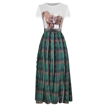 

HIGH QUALITY Newest 2020 Designer Runway Suit Set Women's short Sleeve Animal Print T-shirt Plaid Long Skirt Set