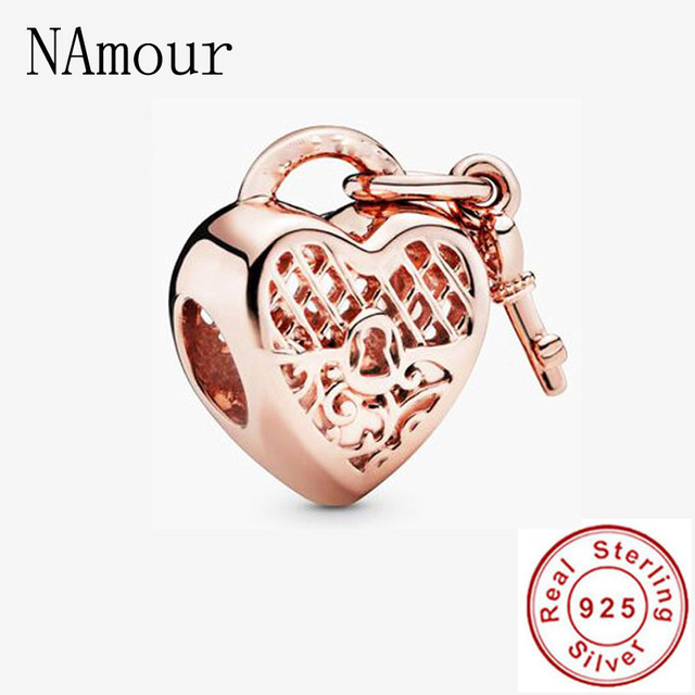 Original Kangaroo freehand heart key lock Bead fit Pandora charms silver 925 Bracelet for women fashion jewelry rose gold