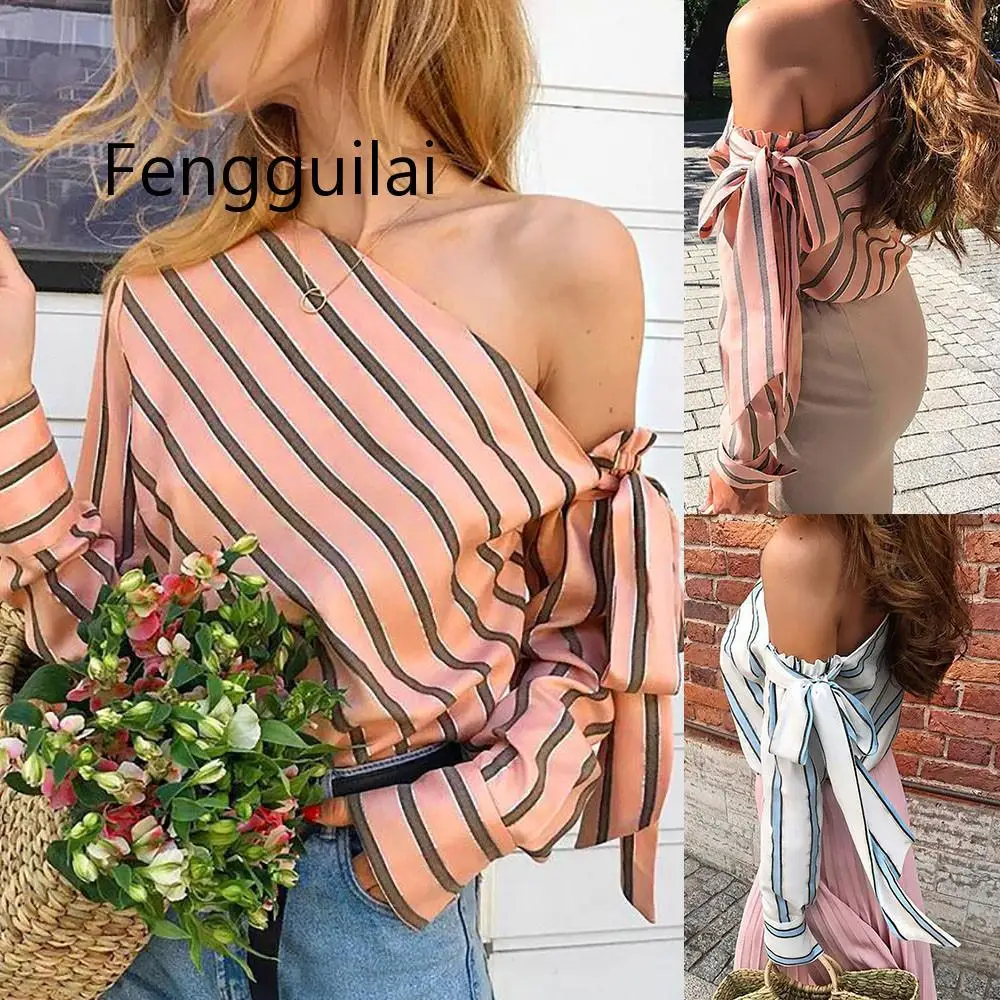 Female Long Sleeve Loose Blouse for Women Casual Sexy Skew Collar Bustier Tops Asian Korean Daily Shirt Bow Tie