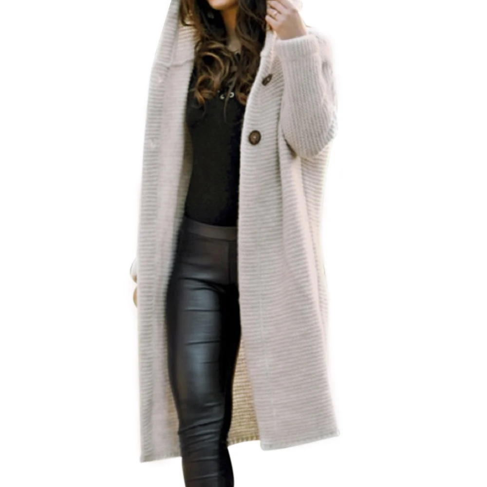 Женский однотонный длинный свитер с капюшоном длинный рукав открытый передний Повседневный вязаный свитер кардиган женский Осень Зима Женское пальто