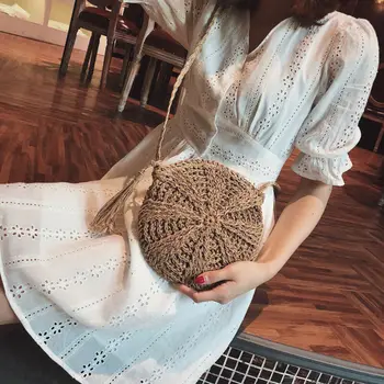 

Women Straw Knitted Bag Round Beach Rattan Crossbody Bag Tote Messenger Purse