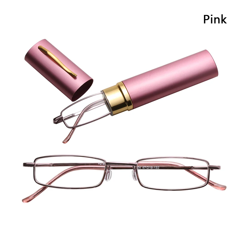 Slim Tube Cases Reading Glasses Men Women Metal Small Frame Clear Lens Portable Hangable Pocket Presbyopic Glasses Accessories - Цвет: Pink 3.5
