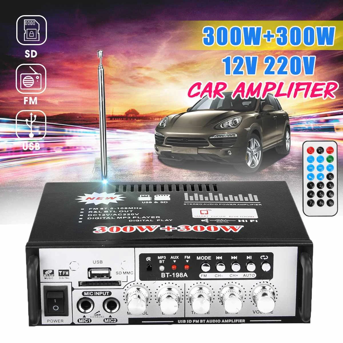 

White 600W DC12V Home Amplifiers Audio bluetooth Amplifier Subwoofer Home Theater Sound System Car Mini Amplifier FM Radio