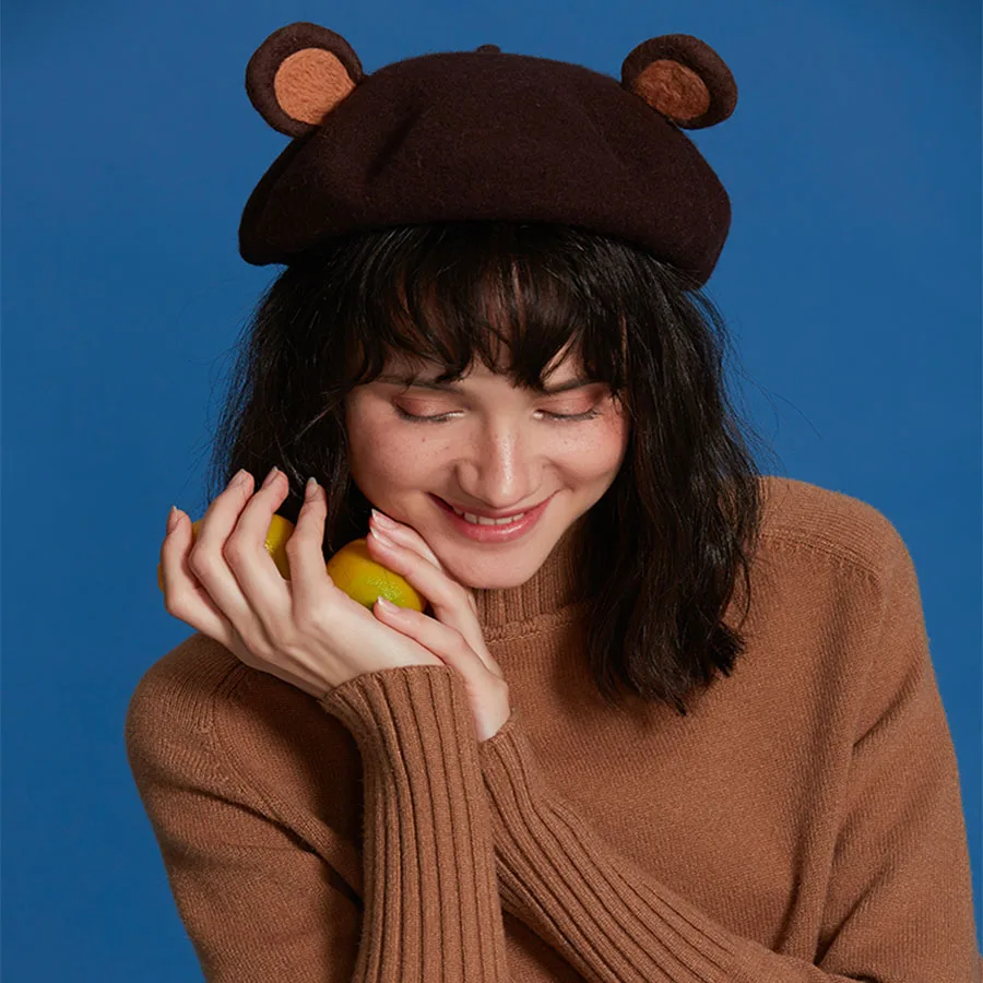 

Custom Handmade Bear Ear Wool Beret Girl Halloween Gift Caps Cute Girl Autumn Winter Knitted Ladies Beret Handmade Painter Hats