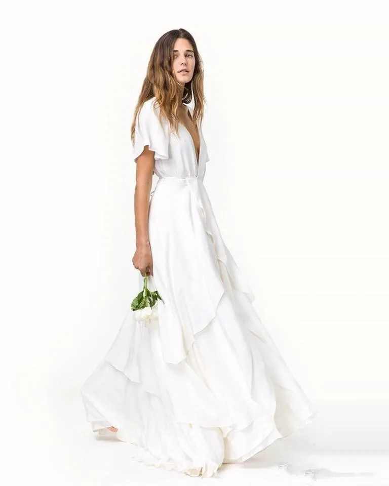 Slits Skirts Romantic Beach bohemian Wedding Dresses Short Sleeves customsized V Neck Layered Train Silk Chiffon Bridal Gown