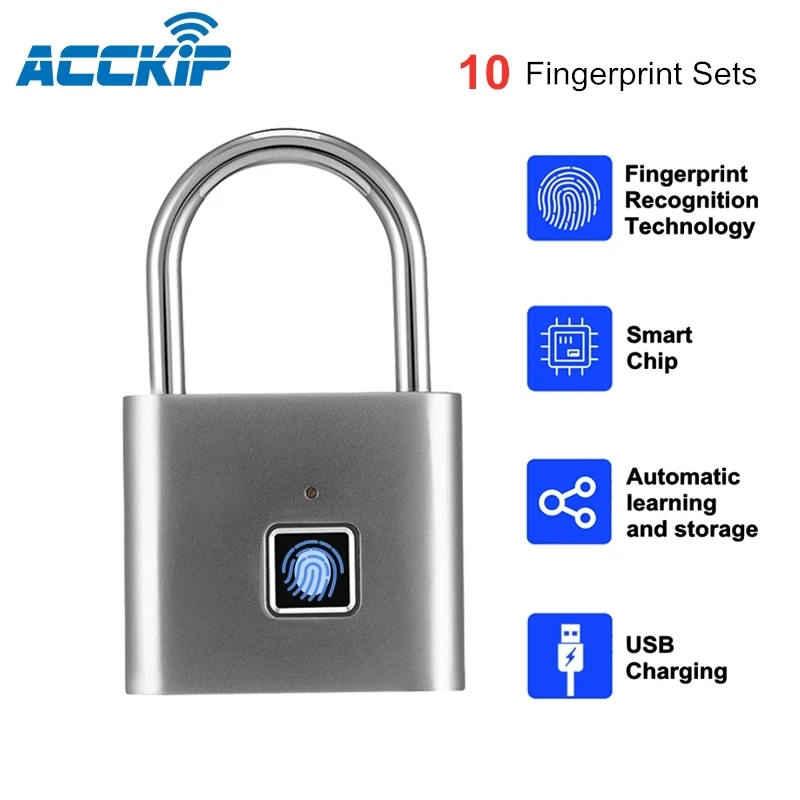 

ACCKIP Security Keyless USB Rechargeable Door Lock Fingerprint Smart Padlock Quick Unlock Zinc Alloy Material Smart Chip 180mA
