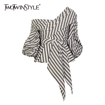 

TWOTWINSTYLE Elegant Asymmetrical Striped Women Blouse Lantern Long Sleeve Tunic Lace Up Bow Irregular Shirt Female Fashion Tide