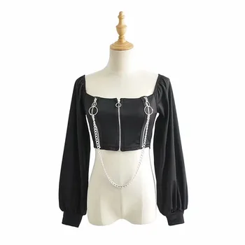 

Punk Sexy Blouse Women Zipper New Fashion Gothic Sexy Short Tops Lantern Long Sleeve Black Vintage Square Collar Casual Shirt
