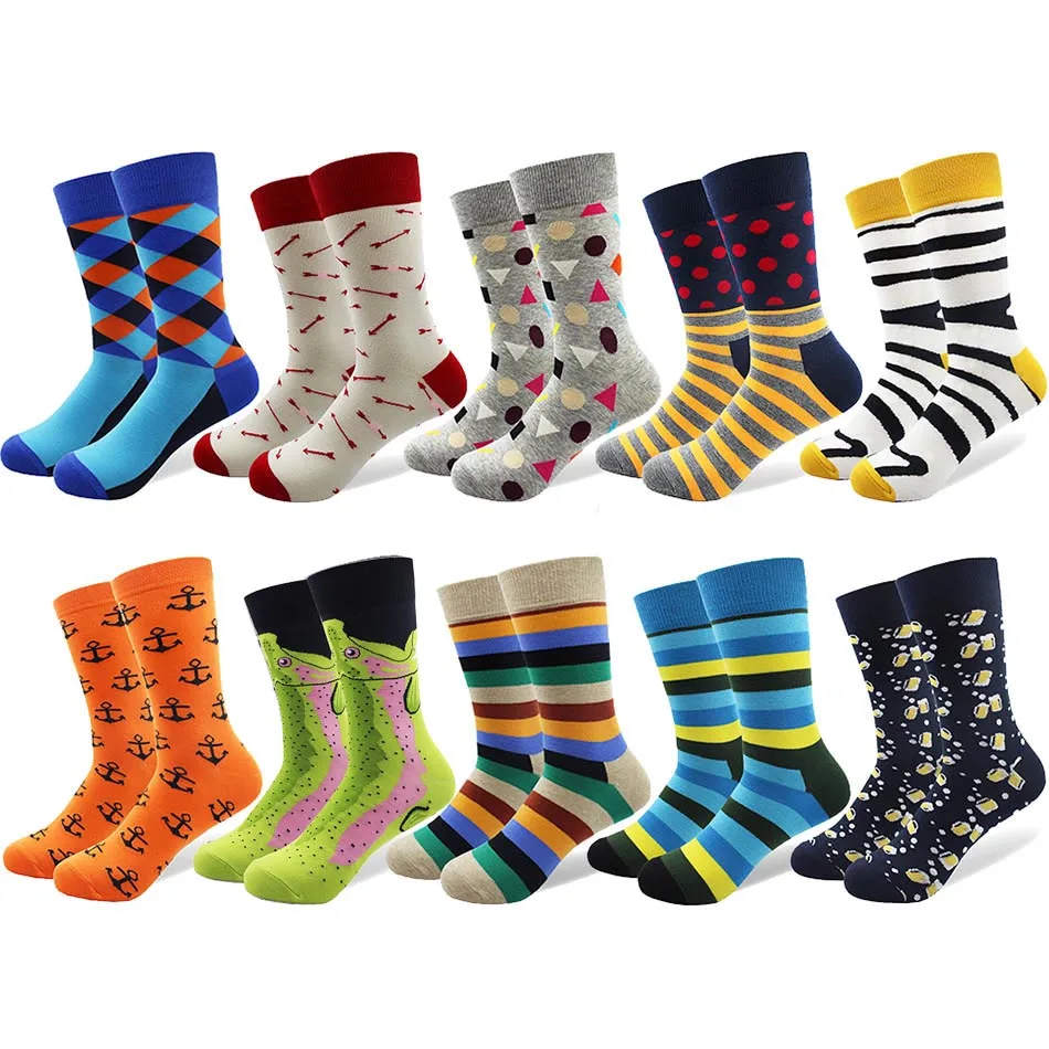 10 пар/лот, мужские забавные Разноцветные носки из чесаного хлопка, Носки с рисунком, животные в полоску, Мультяшные носки в горошек, оригинальные носки для скейтборда - Цвет: ZH10-19