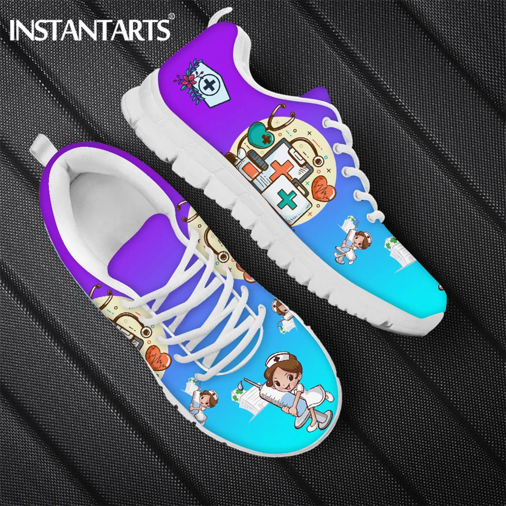 

INSTANTARTS Gradient Cartoon Nurse Medicine Pattern Women Casual Sneakers Nursing Comfortable Mesh Flats Shoes for Female Girls