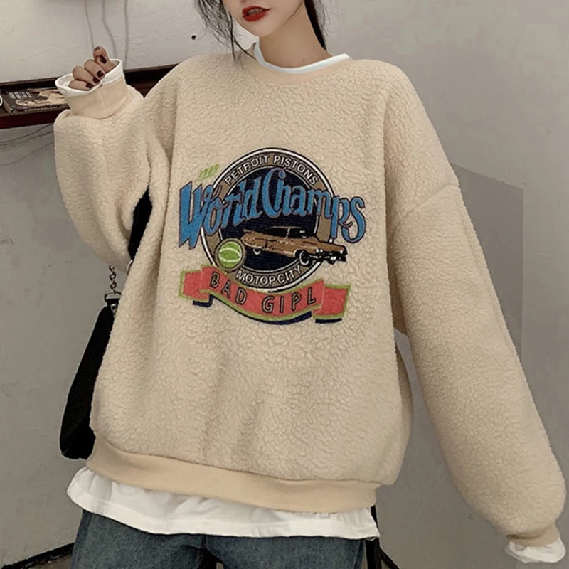 

Plus Velvet Woolen Hoodie Women Autumn Winter Sweatshirt Streetwear Embroidery Cartoon Vintage Coat Loose Hoodies Teens Girls