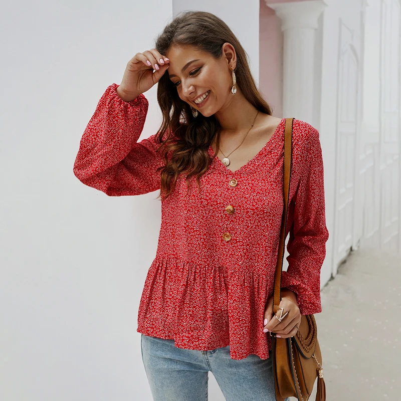 

Women Vintage Tops Ladies Blouse Party Autumn Long Sleeve Sexy V Neck Casual Fashion Holiday Tops Buttons Ruffles Blouse