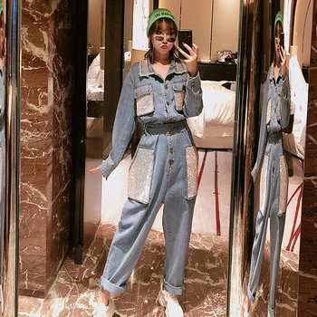 

2020 High Waist Spring women Vintage Denim overalls Blue Cargo jumpsuit Casual Denim playsuit Sequined Pockets Overalls NZY196