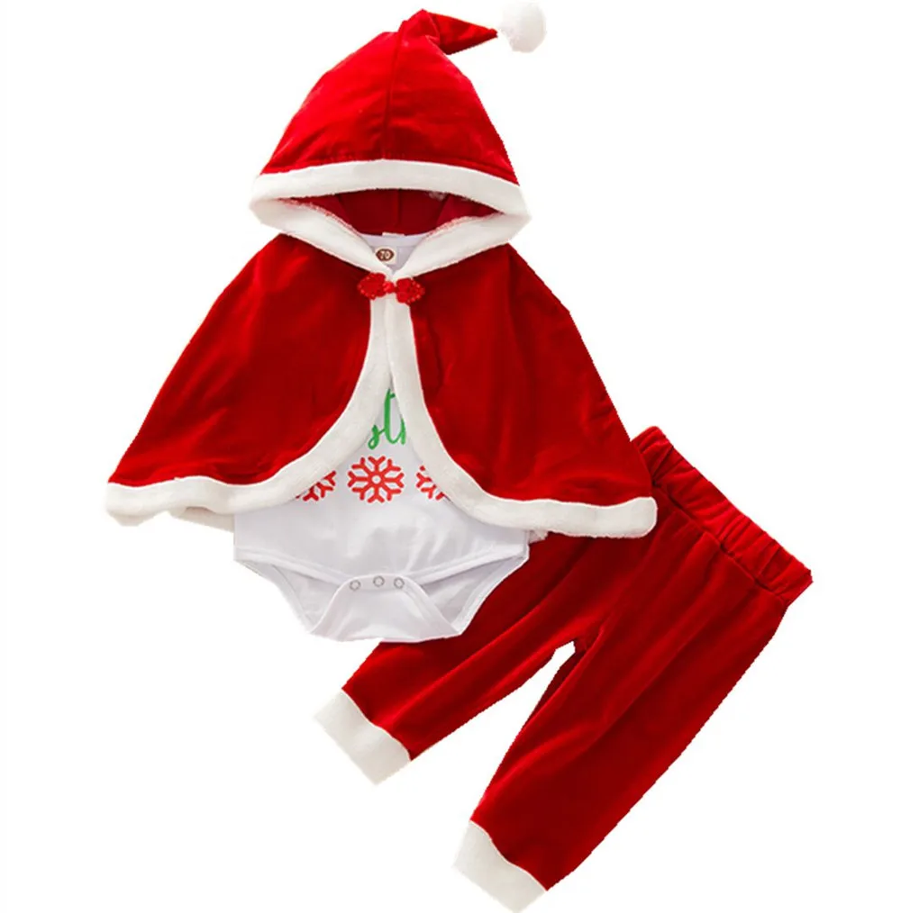 

Baby Girls Christmas Clothes Set Letter Print Long Sleeve Jumpsuit+Elastic Waist Trousers+Hooded Cloak for Winter