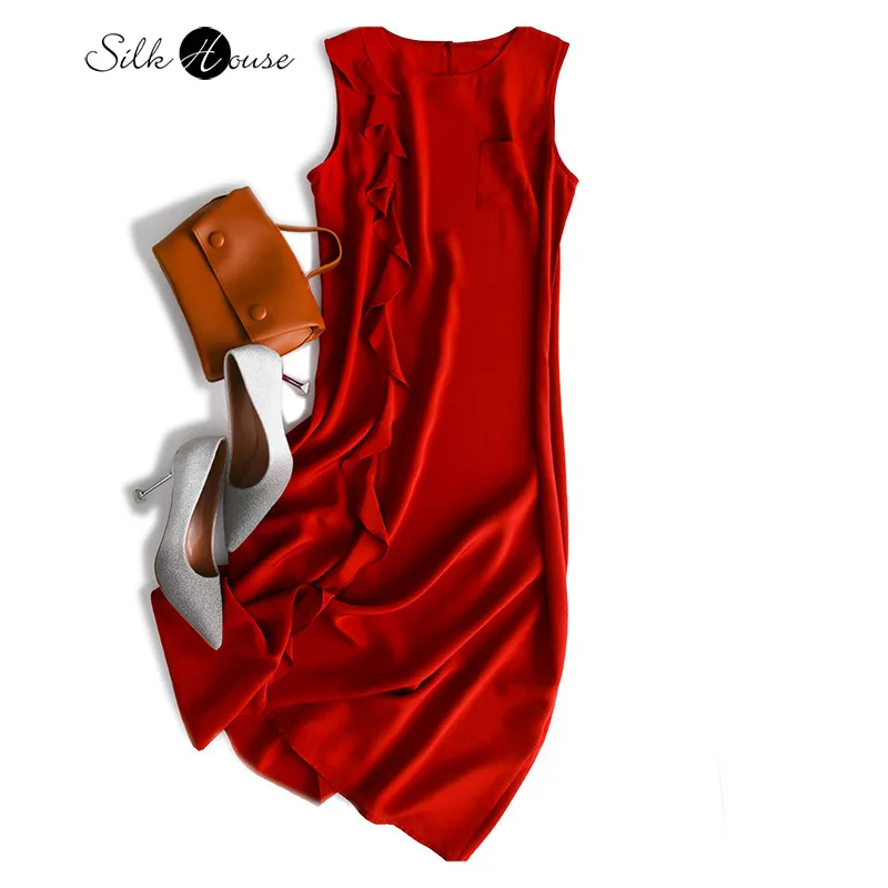 

Ruffled Crepe-De-Chine Silk Dress Mulberry Silk Temperament Red Vest Dress Hepburn A- line Dress 2020 New Style