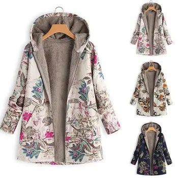 

Women's coat jacket plus velvet cotton national wind print hooded Warm coat Fashion