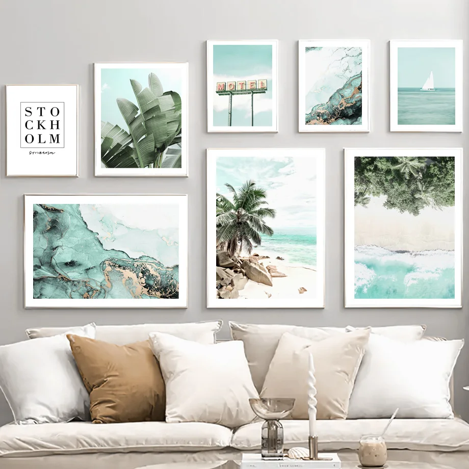 Coconut Tree Banana Leaf Beach Sea Wave Sailboat Art Canvas Painting Nordic Posters And Prints Wall Pictures Living Room Decor | Дом и сад