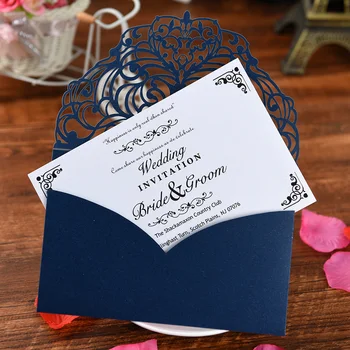 

New 10Pcs Dark Blue Elegant Wedding Laser Cut Invitation Cards Pearl Paper Floral Invitation Cards for Wedding Party Anniversary