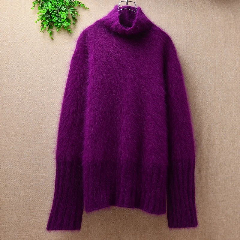 

Female general sweaters plush mink cashmere turtleneck clothes angora rabbit fur loose strips sleeves sweater pullover jacket