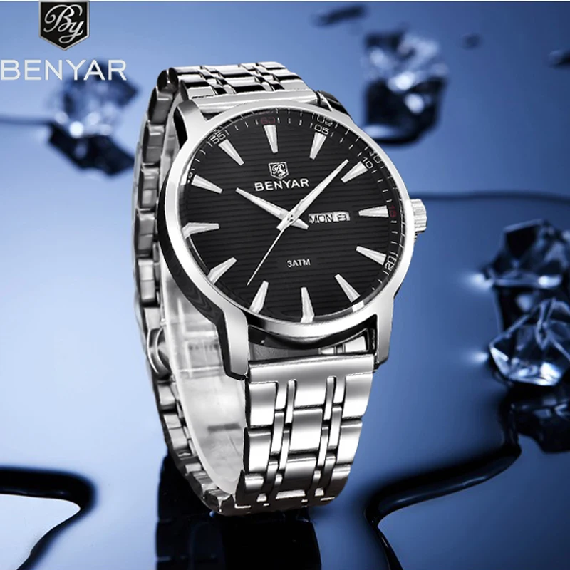$15.99 Benyar Men Watches Top Brand Luxury Watch Quartz Fashion Stainless Steel Men Watch Waterproof Bus
