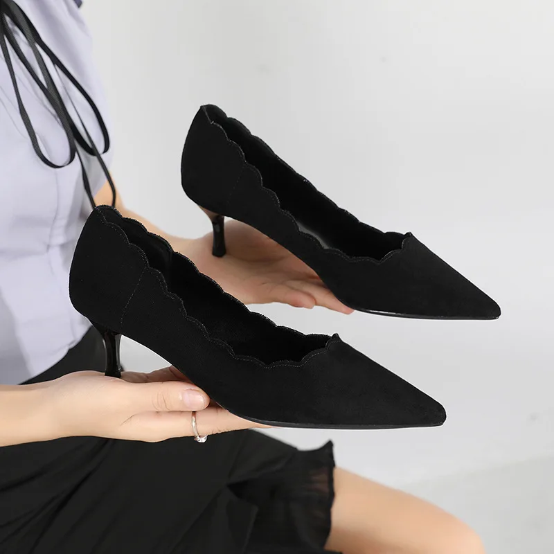 

2018 New Style Spring And Summer Business WOMEN'S Shoes Lace-up High-Heel Black And White with Pattern Low-Cut Thin Heeled Going