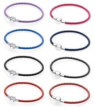 

Brand Single Braided Leather Bangle Authentic 925 Sterling Silver Fit European Original Charms Bracelets Jewelry Gift DIY