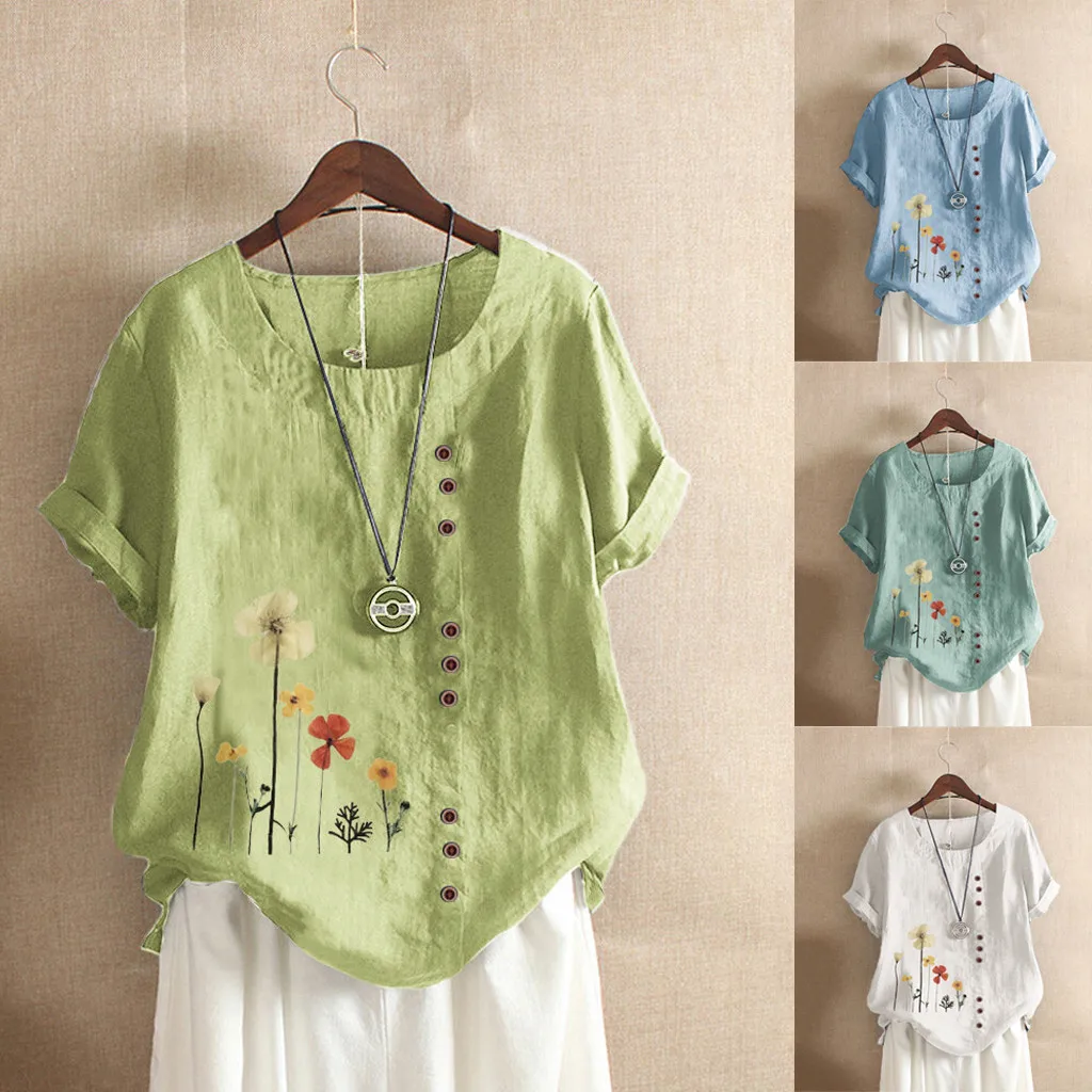Women Casual Plus Size O-Neck Printed Loose Button Tunic Shirt Tops Femininas Blusas Summer Ladies clothes | Женская одежда