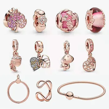 

Hot Sale Real 92 5 Heart-shaped Maple Leaf Rose Gold Series Fit Original 3mm Bracelet Making Fashion DIY Jewelry For Women
